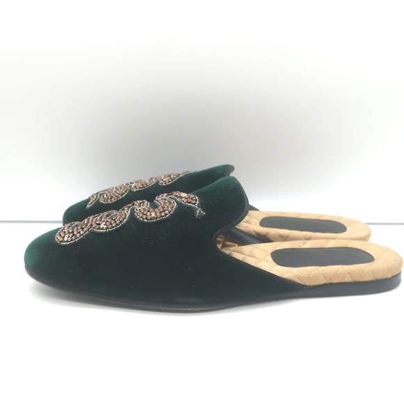 GUCCI LAWRENCE CRYSTAL SNAKE-EMBELLISHED SLIPPER MULES EMERALD VELVET SIZE 7 - Picture 3 of 6